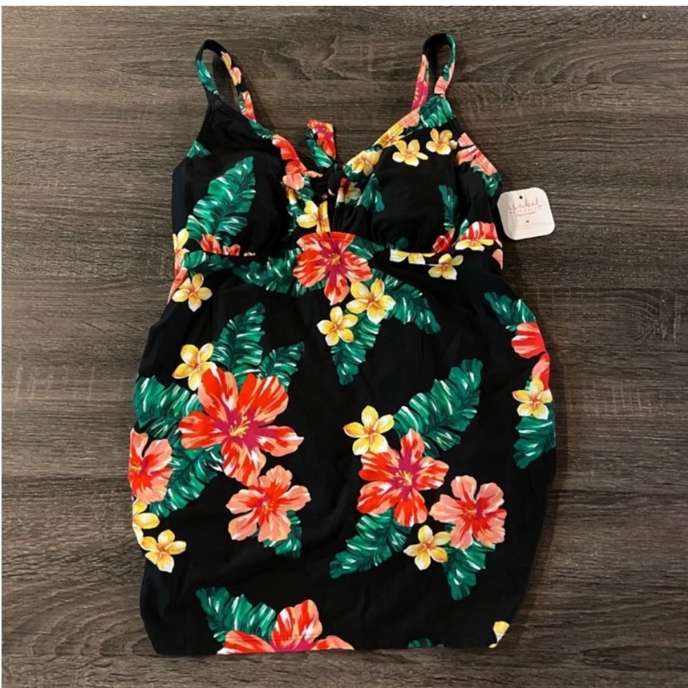 NEW! Isabel Maternity Floral Tankini Swim Top Black w/colored Hibiscus flowers